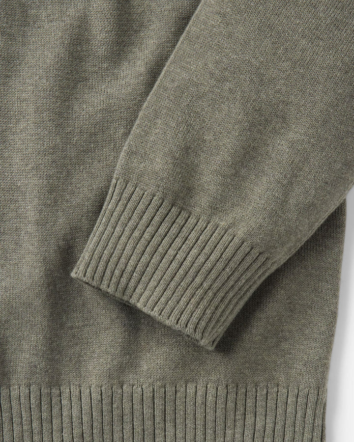 Close up of the sleeve and ribbed cuff of the Valencia Sweater Polo in Olive Cotton Cashmere.