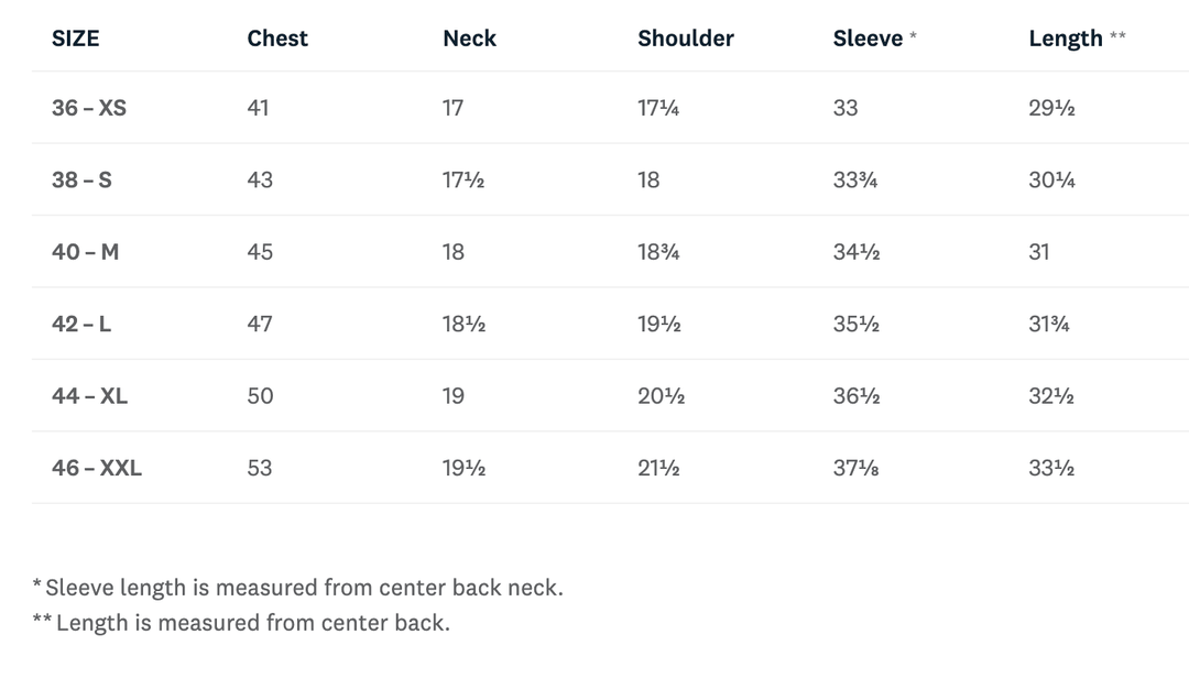 A size chart table showing measurements for chest, neck, shoulder, sleeve, and length for sizes 36-XS through 46-XXL, with small notes below explaining sleeve and length measurements.