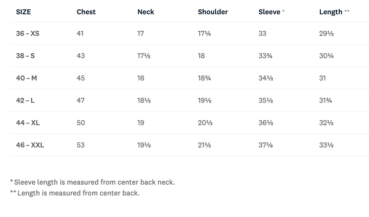 A size chart table showing measurements for chest, neck, shoulder, sleeve, and length for sizes 36-XS through 46-XXL, with small notes below explaining sleeve and length measurements.