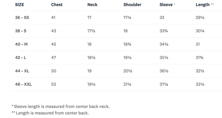 A size chart table showing measurements for sizes 36-XS through 46-XXL, with columns for Size, Chest, Neck, Shoulder, Sleeve, and Length in inches.