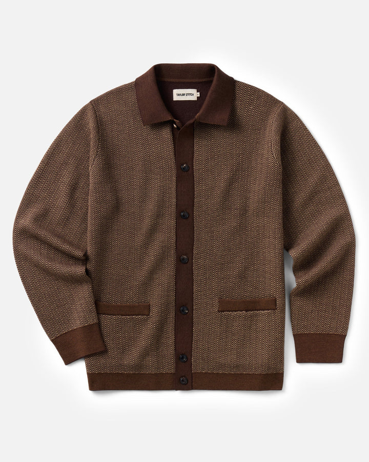 The Miles Sweater Polo in Espresso Merino with solid dark brown trim on the collar, cuffs, hem, and button placket, laid flat against a light gray background.