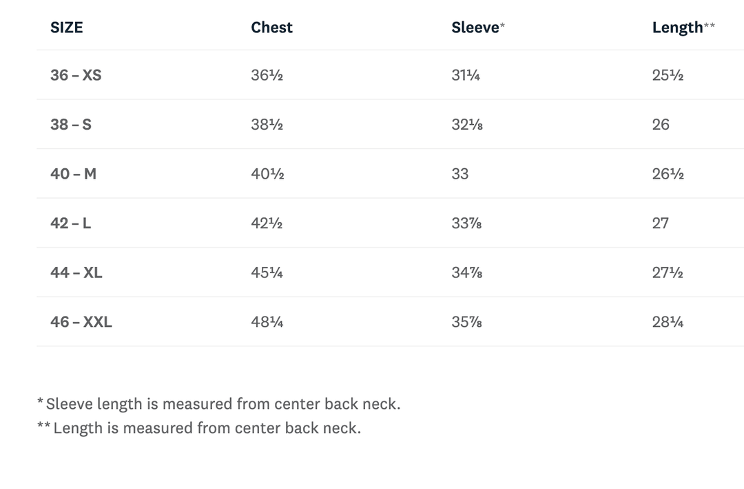 A size chart table showing chest, sleeve, and length measurements for sizes XS through XXL, with a note at the bottom stating sleeve length is measured from the center back neck.