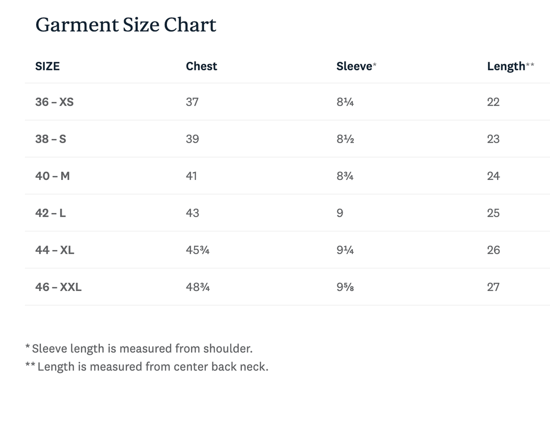 Garment size chart with chest, sleeve, and length measurements for various sizes.