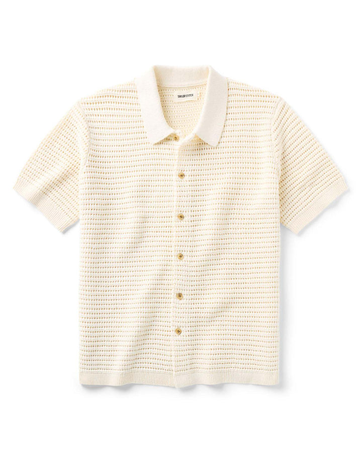 The Monterey Sweater Polo in Vintage White Crochet with short sleeves on a white background