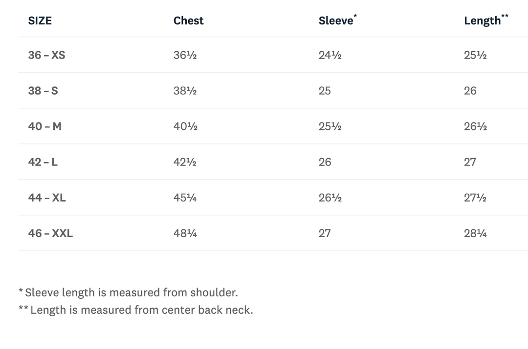 A size chart table showing chest, sleeve, and length measurements for sizes 36-XS through 46-XXL, with footnotes explaining sleeve and length measurements.