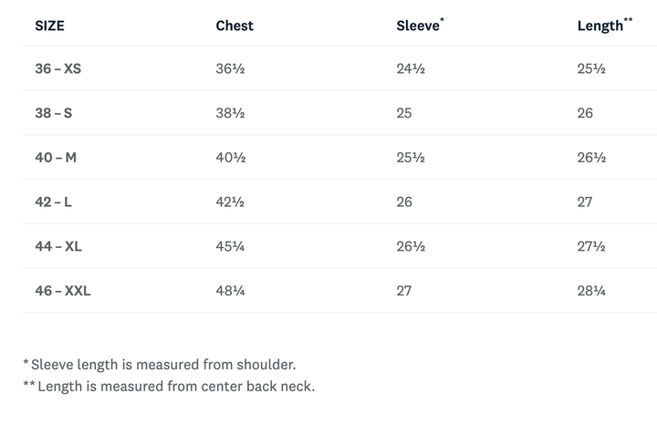 A size chart table showing chest, sleeve, and length measurements for sizes 36-XS through 46-XXL, with footnotes explaining sleeve and length measurements.