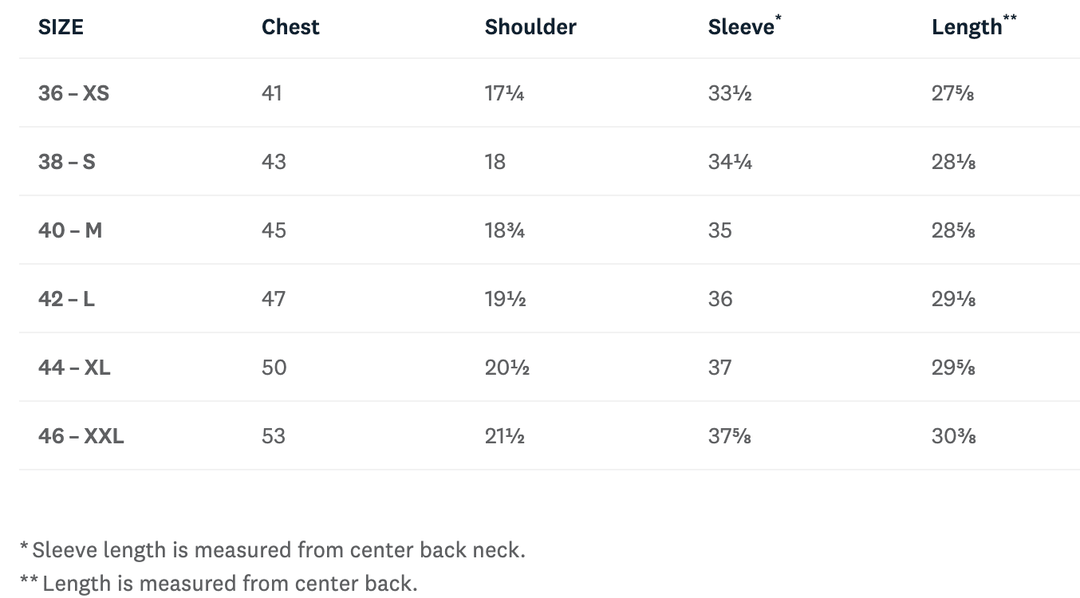 A size chart table showing measurements for sizes 36-XS through 46-XXL, with columns for Size, Chest, Shoulder, Sleeve, and Length. Notes at the bottom state that sleeve length is measured from the center back neck and length is measured from the center back.