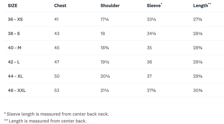 A size chart table showing measurements for sizes 36-XS through 46-XXL, with columns for Size, Chest, Shoulder, Sleeve, and Length. Notes at the bottom state that sleeve length is measured from the center back neck and length is measured from the center back.