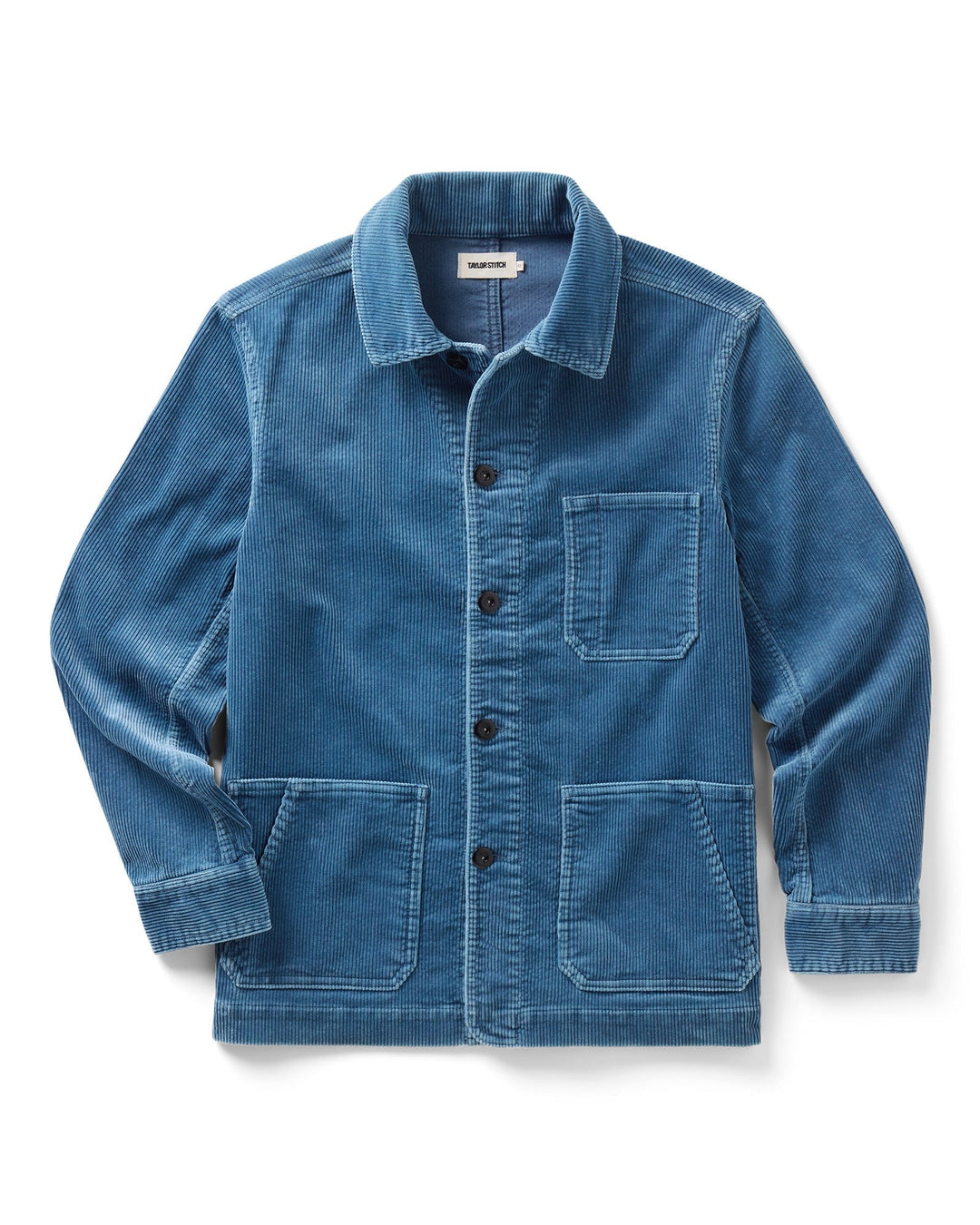 A washed indigo corduroy Ojai jacket with a button-up front, chest pocket, and two large front patch pockets, shown flat on a white background.