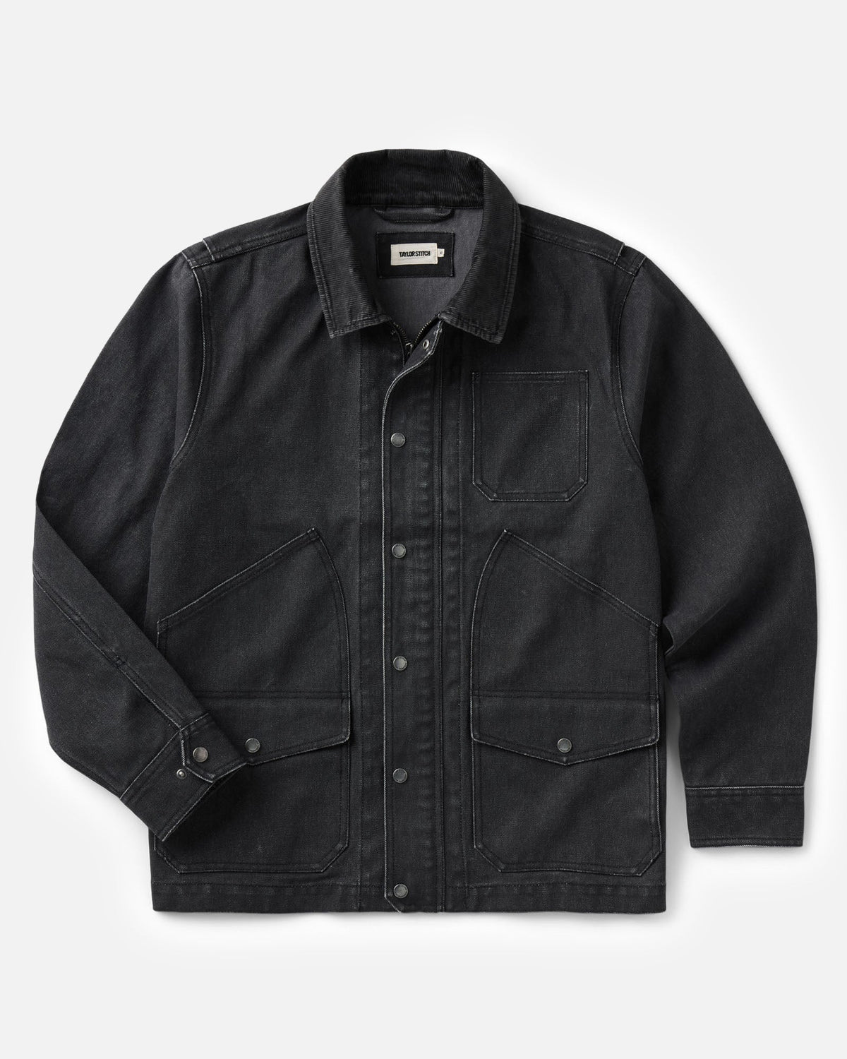 A coal denim jacket with a button-up front, collar, and four front pockets, displayed flat against a light gray background.