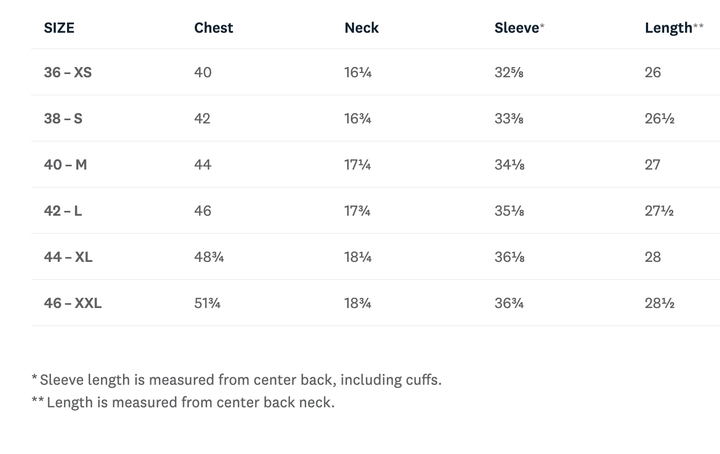 A size chart table showing measurements for sizes 36-XS through 46-XXL, with columns for Size, Chest, Neck, Sleeve, and Length.