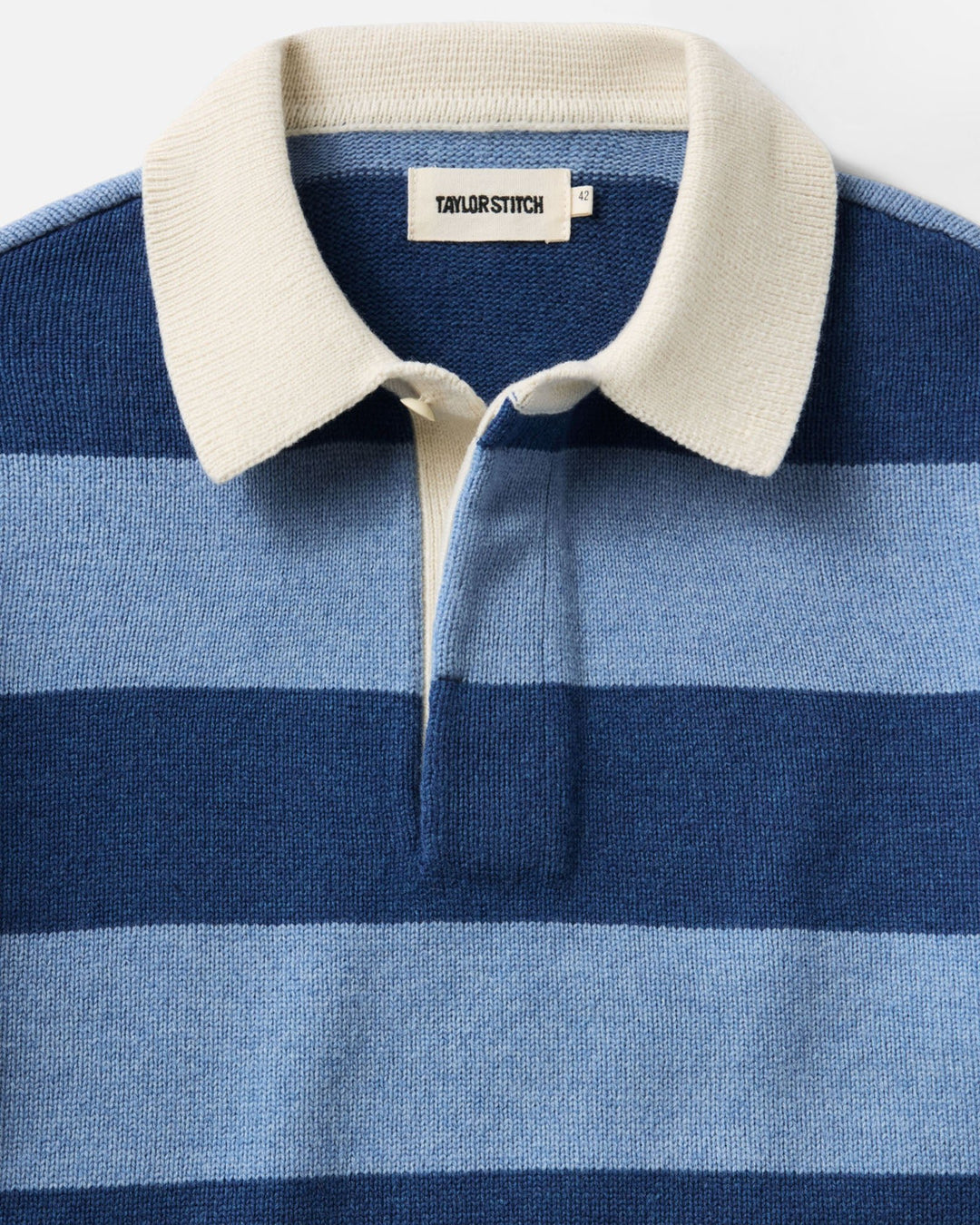 Close up of Rugby sweater collar in Heather seasisde stripe