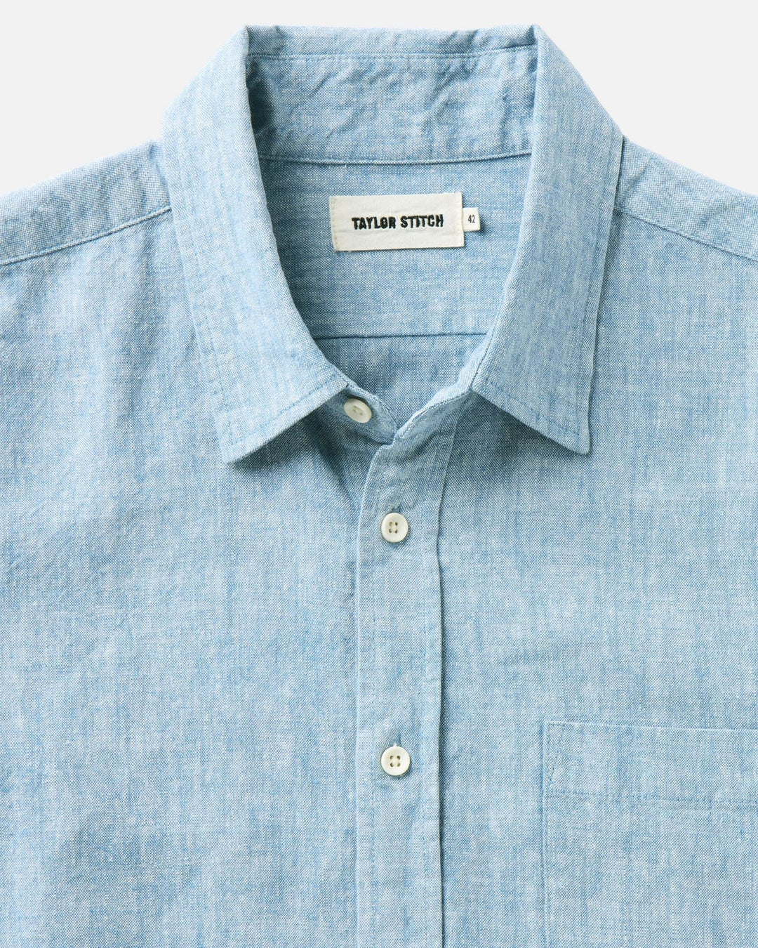 The Short Sleeve California
in Sky Hemp with collar and buttons, featuring &