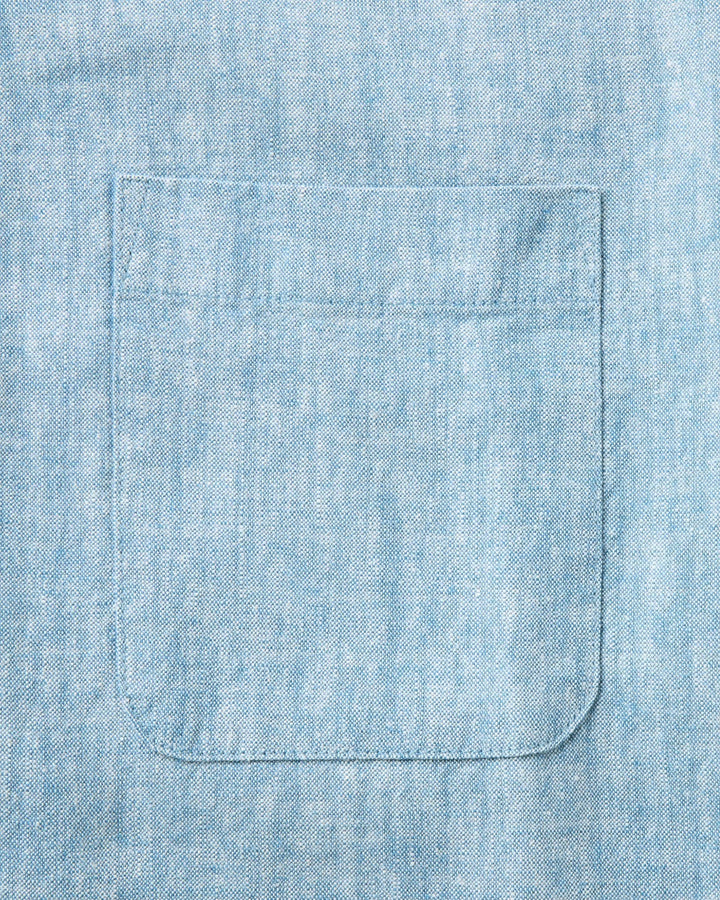 Close-up of The Short Sleeve California
in Sky Hemp with a pocket