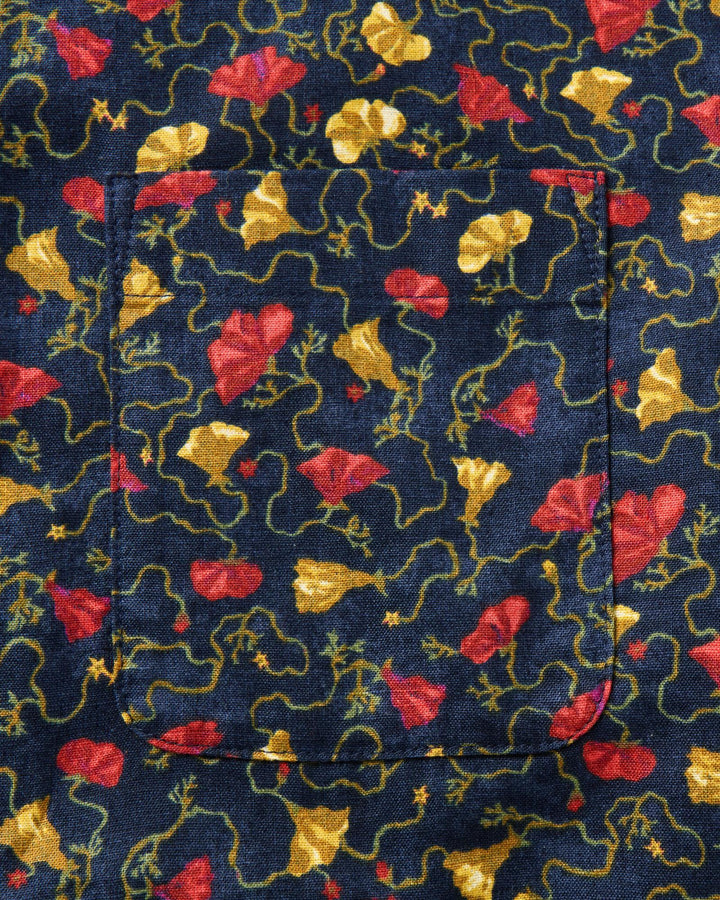Close-up of a fabric with red, yellow, and gold floral pattern on a blue background