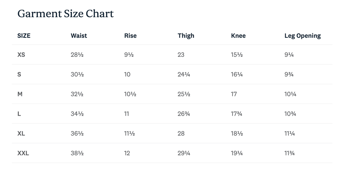 A simple garment size chart with columns for Size, Waist, Rise, Thigh, Knee, and Leg Opening, showingXS through XXL in a clean black-and-white layout.