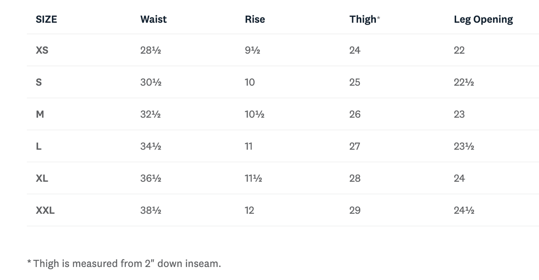 Table displaying waist, rise, thigh, and leg opening measurements for pants in various sizes.