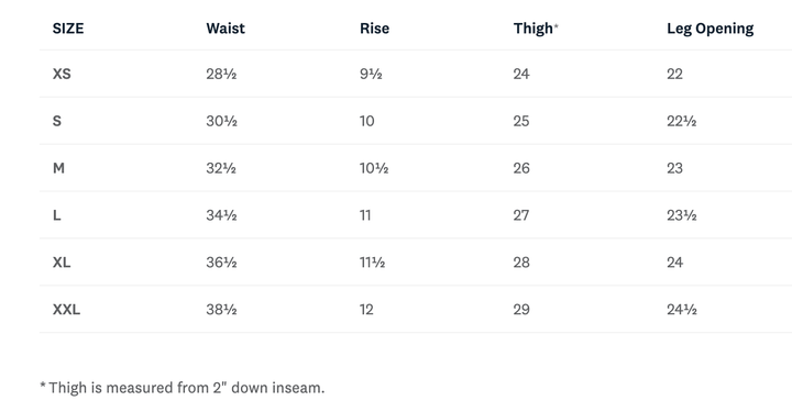 Table displaying waist, rise, thigh, and leg opening measurements for pants in various sizes.