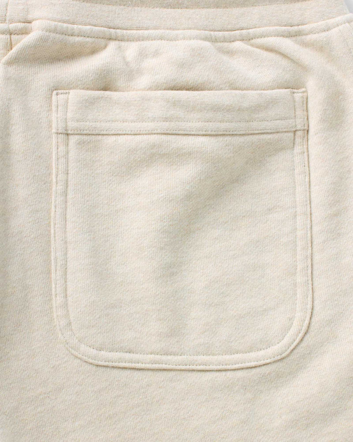 Close-up of The Sunset Short in Heather Oat Terry with back pocket