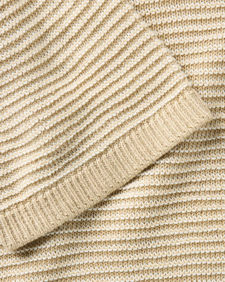 Close-up of The Valencia Sweater Polo
in Sand Stripe fabric texture