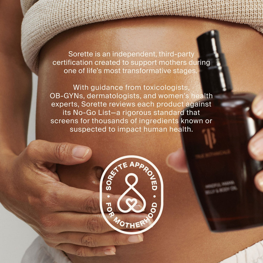 A person holding a dark amber bottle labeled Sorette against their torso, with overlaid marketing text and a white &