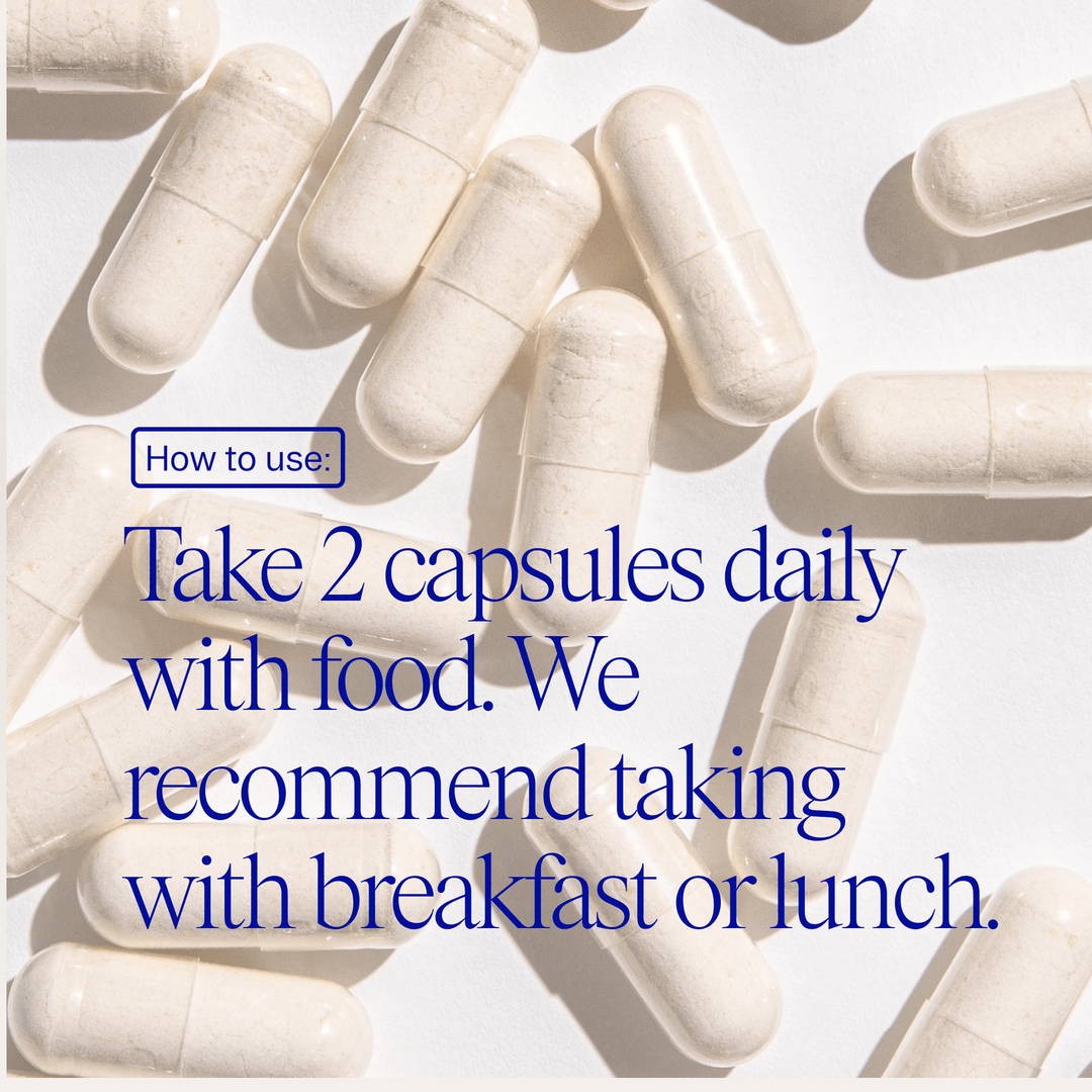 White capsules with text on how to use them on a white background