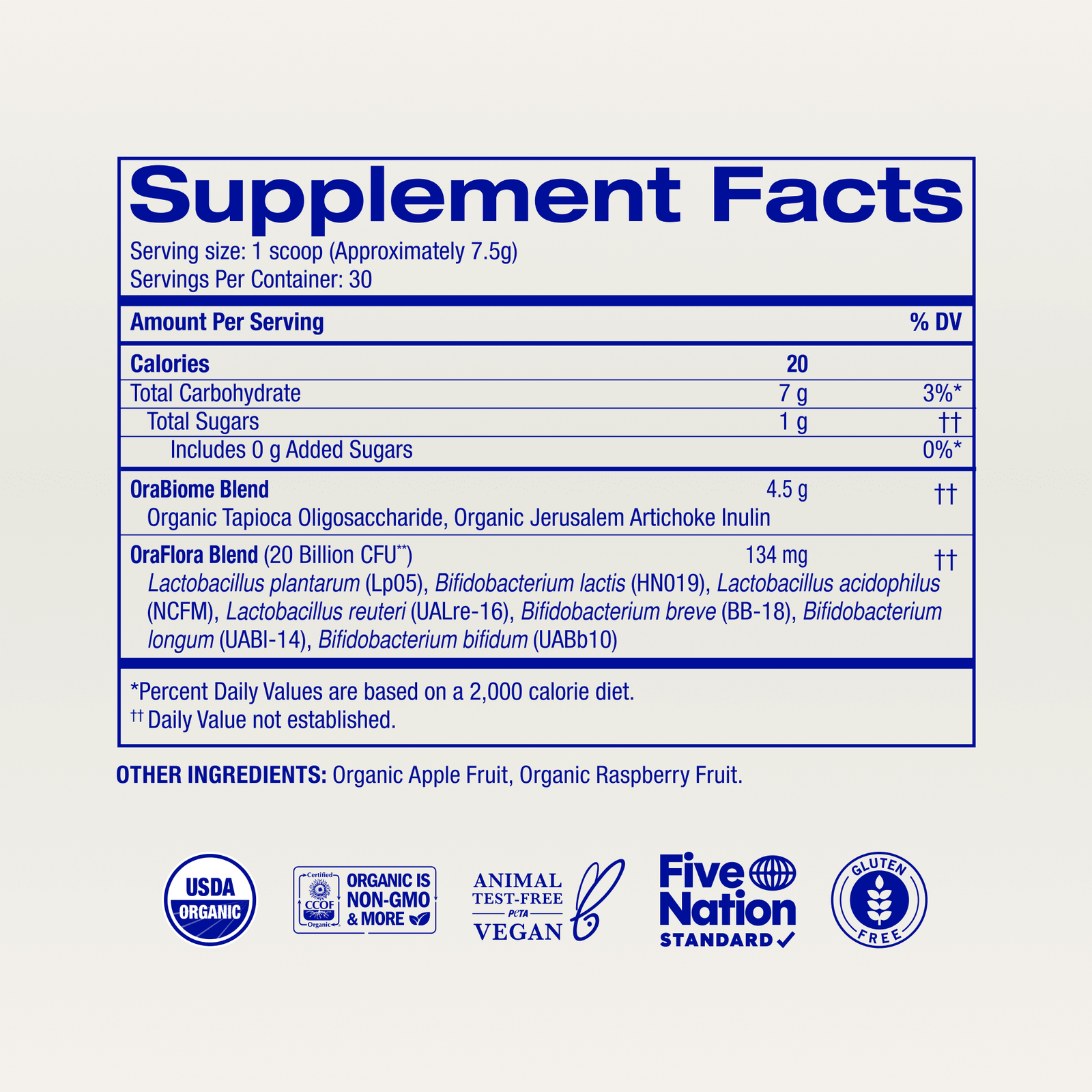 Supplement facts label with nutritional information and branding on a white background