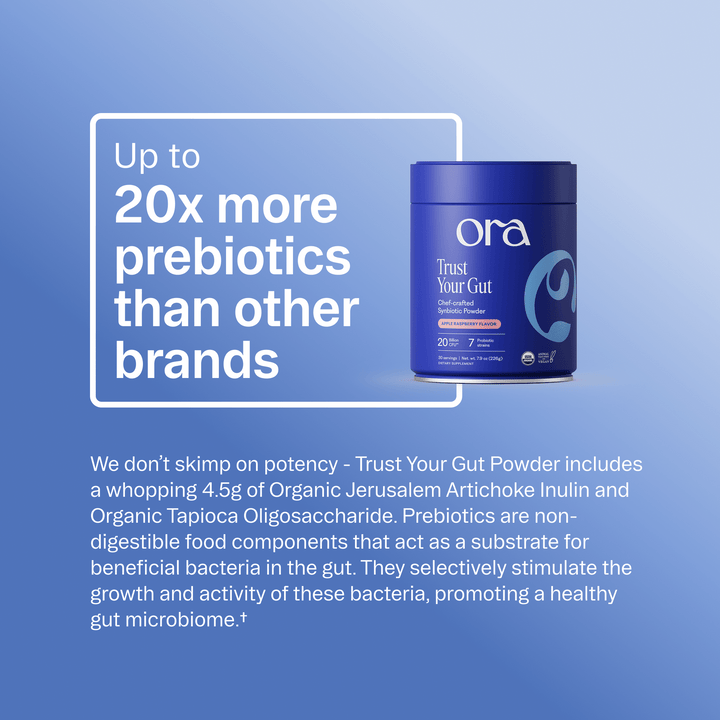 Ora prebiotic powder container with promotional text on a blue background