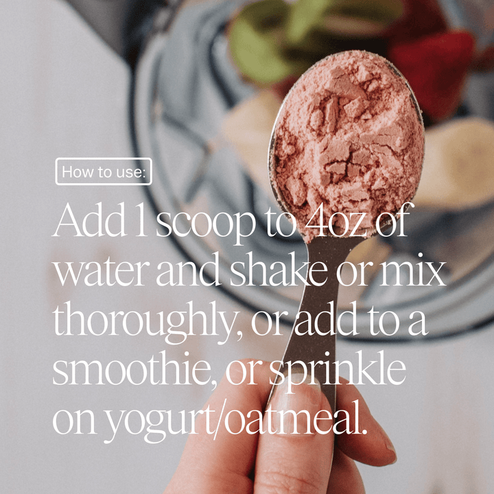 Spoon with pink powder over a blender, text on how to use the product.
