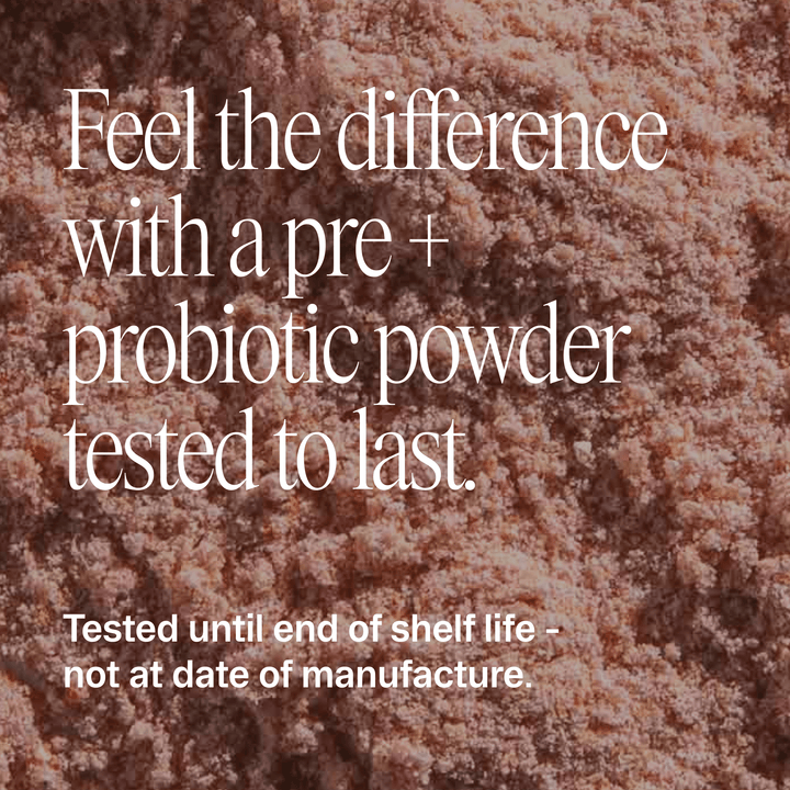 Pre + probiotic powder with text on a brown background