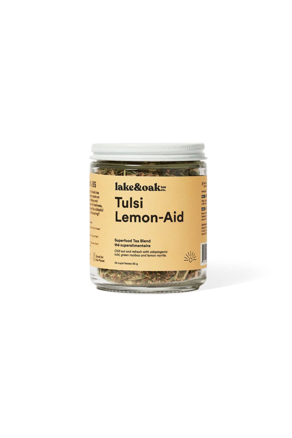 Jar of lake & oak Tulsi Lemon Aid on a white background