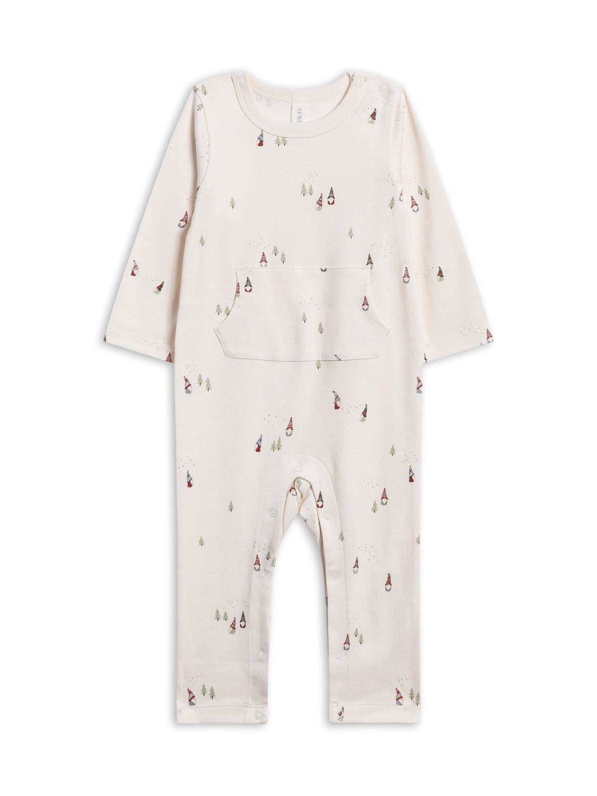 A Una Pocket Romper in cream with a small all-over print of tiny gnomes and trees, shown flat on a white background.