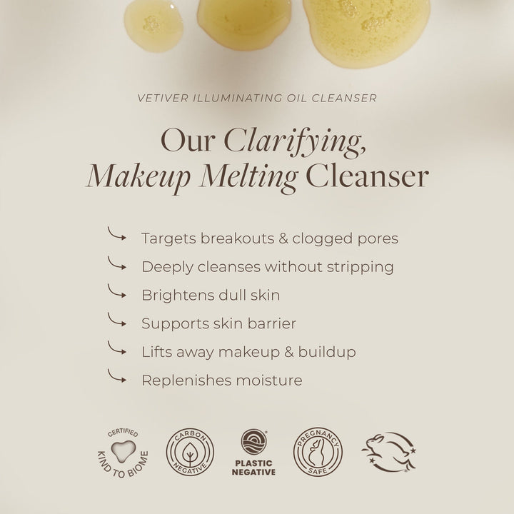 Product description card for a clarifying makeup melting cleanser with text and icons on a beige background.