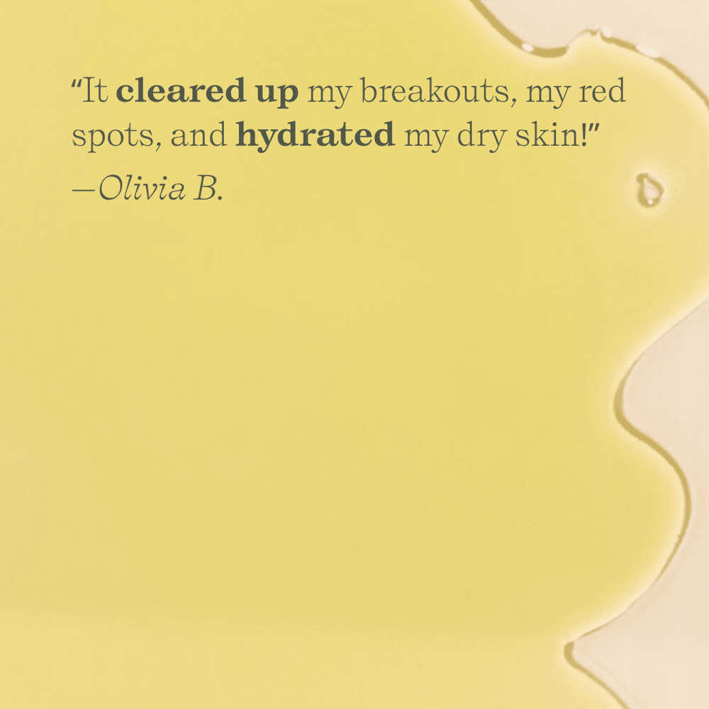 Product with a yellow background and text about skincare benefits, featuring a quote from Olivia B.