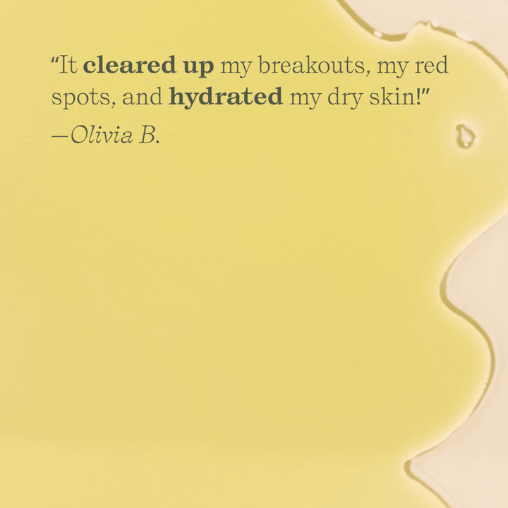 Product with a yellow background and text about skincare benefits, featuring a quote from Olivia B.