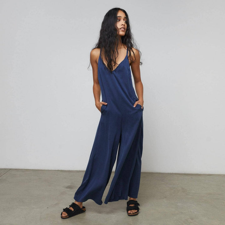 Washable Silk Elastic Strap Jumpsuit | Deep Blue - Echo Market