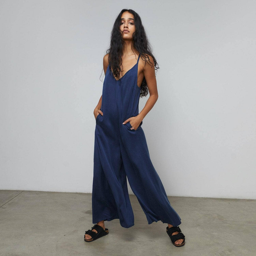 Washable Silk Elastic Strap Jumpsuit | Deep Blue - Echo Market