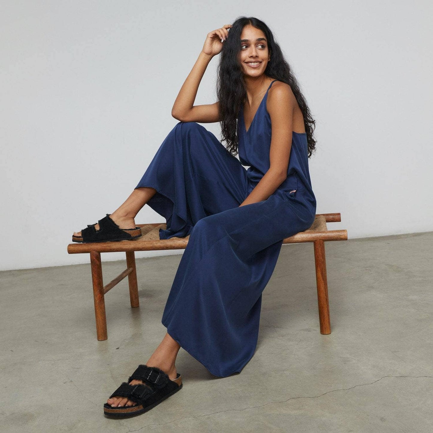 Washable Silk Elastic Strap Jumpsuit | Deep Blue - Echo Market