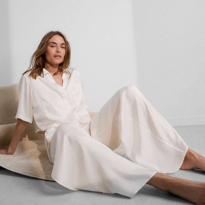 Washable Silk High Rise Pant Set | Tranquil White - Echo Market