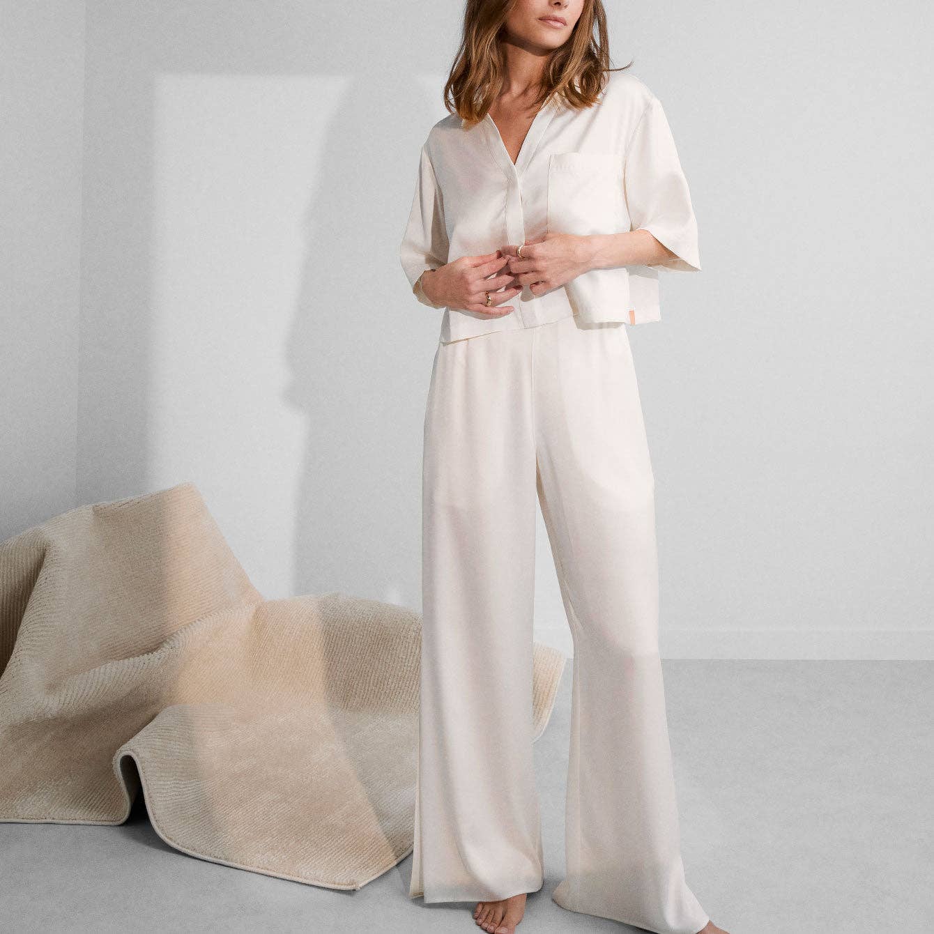 Washable Silk High Rise Pant Set | Tranquil White - Echo Market