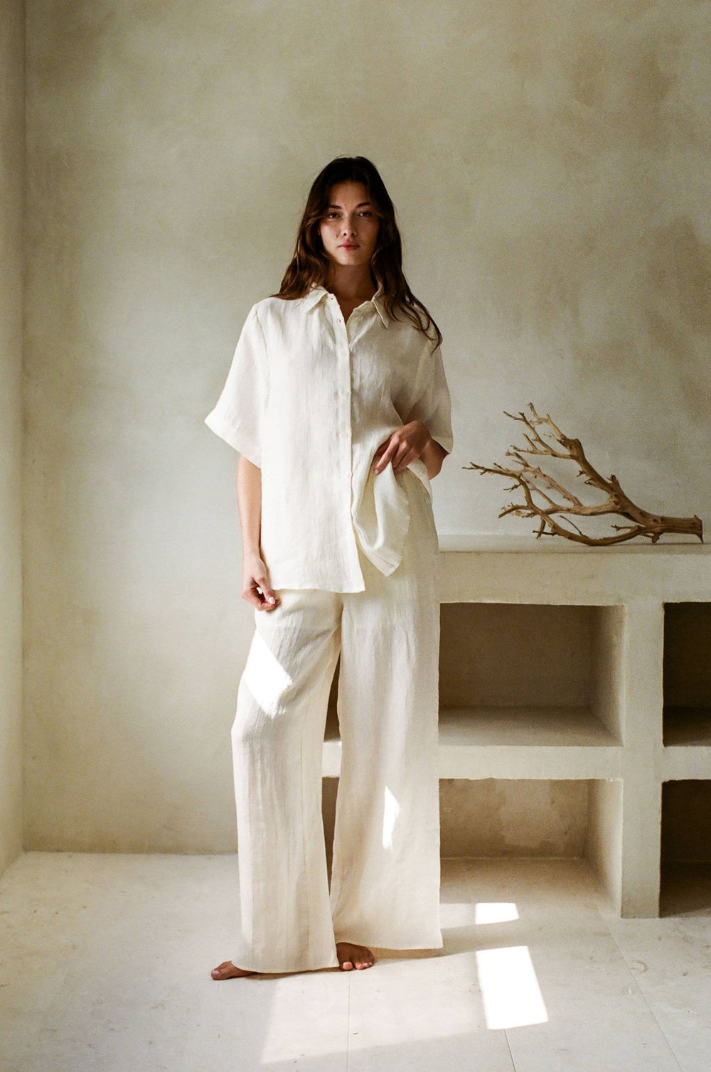Woven Linen Wide Leg Pants | Off White - Echo Market