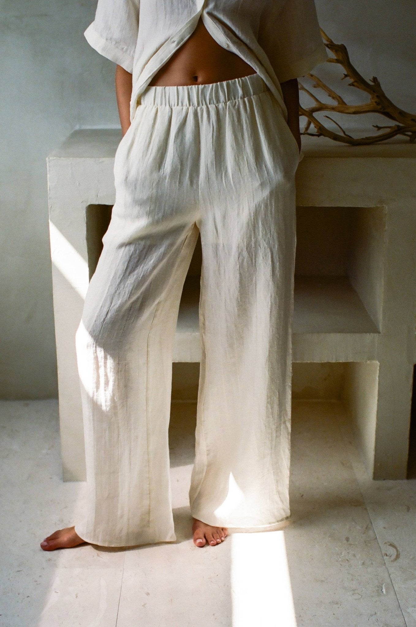 Woven Linen Wide Leg Pants | Off White - Echo Market