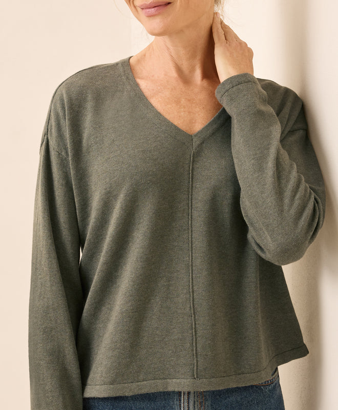Person wearing a green sweater against a beige background