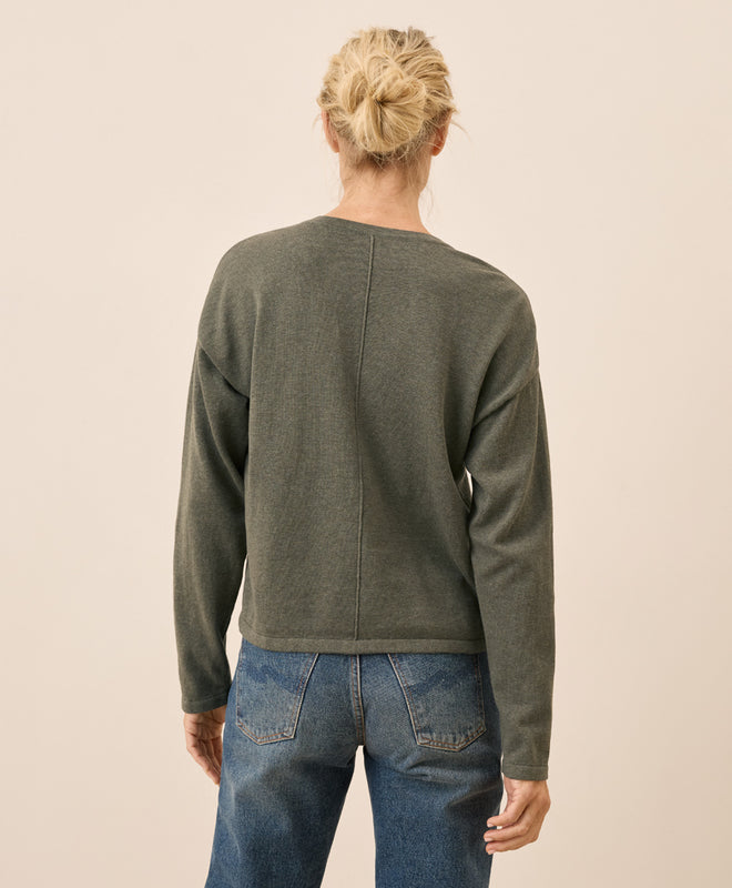 Person wearing a green sweater and blue jeans on a beige background
