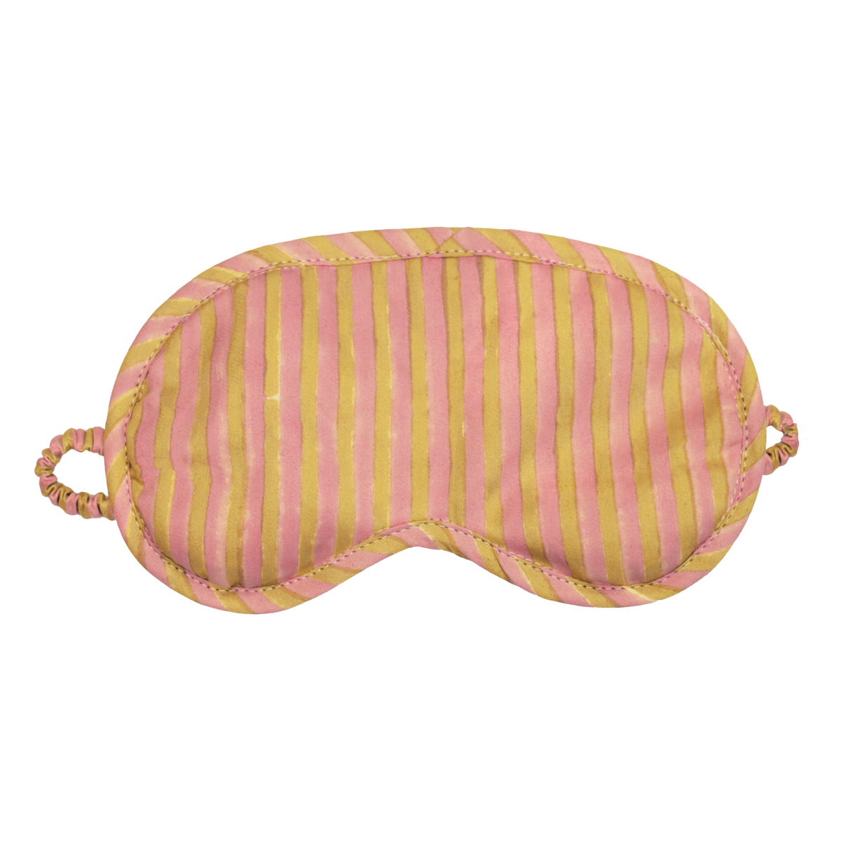 A striped sleep mask with alternating vertical pink and mustard yellow stripes, featuring a padded eye area, stitched edges, and elastic ear loops on a plain white background.