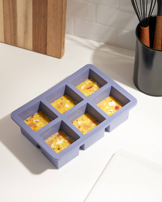Cup Cube Silicone Food Meal Prep Storage Tray - Blue - Shown filled with soup mixture before freezing - Echo Market