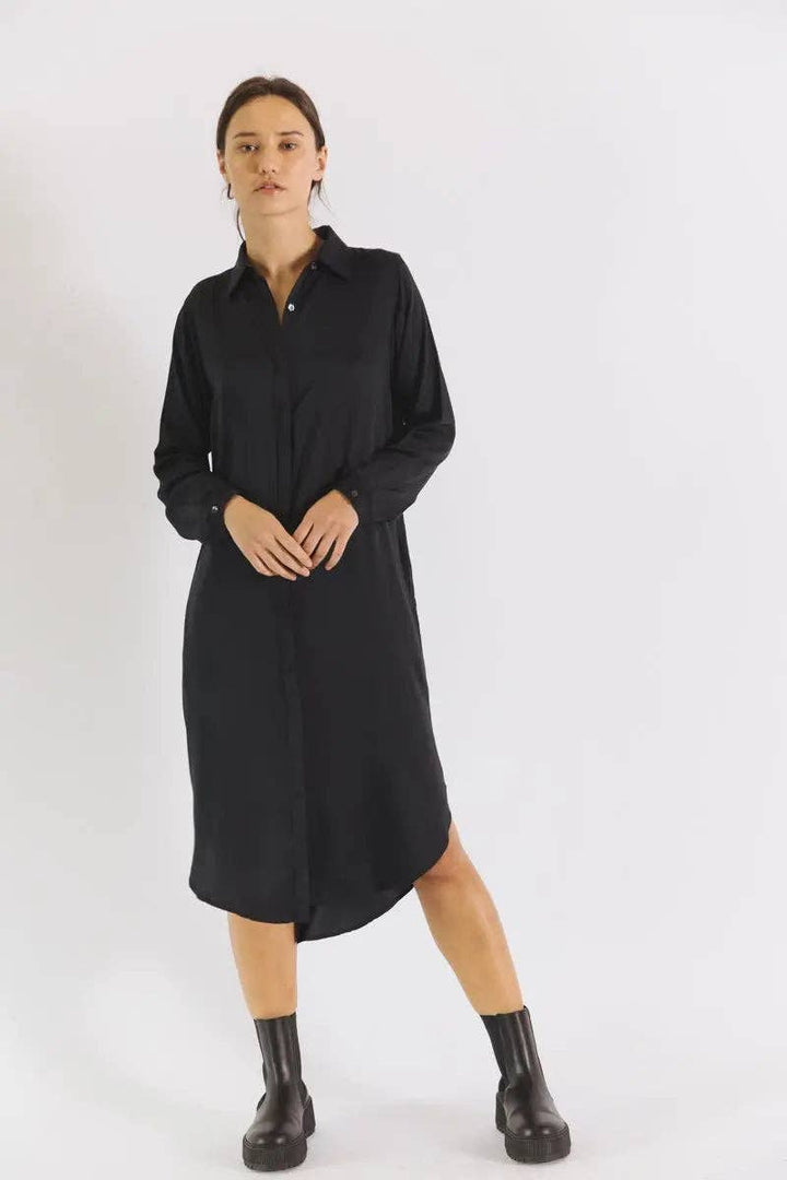 The Essential Shirt Dress - Black - front view on model - Echo Market