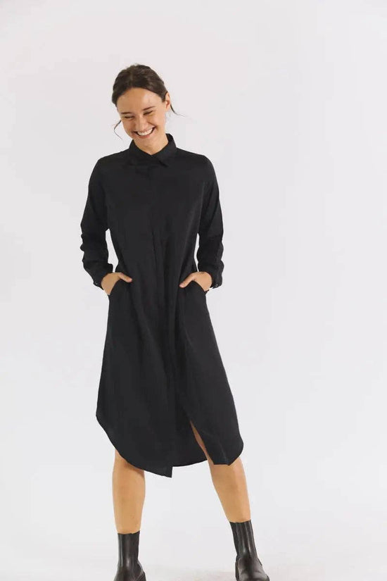 The Essential Shirt Dress - Black - front view on model - Echo Market