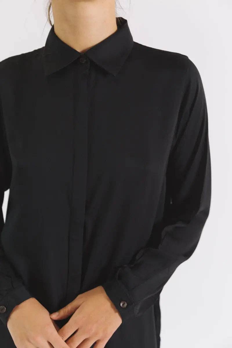 The Essential Shirt Dress - Black - close up view on model - Echo Market
