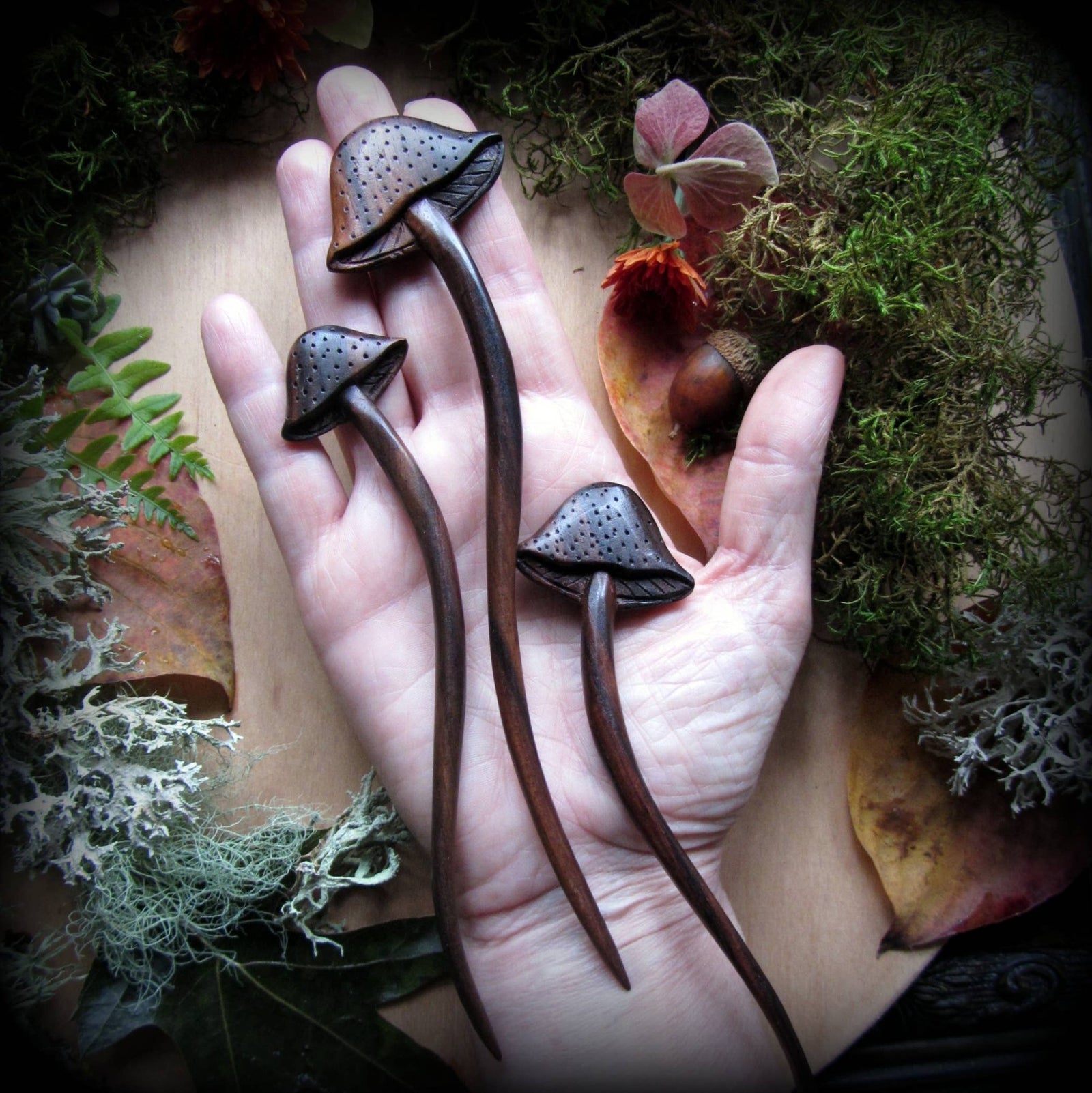 Hand carved wooden mushroom hair stick, the flat version: Medium - Echo Market